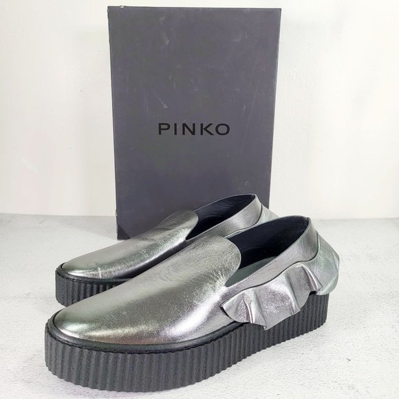 $460 NWT Pinko Silver‎ Chunky Platform Shoes 9 Metallic Ruffle Leather Loafer - Picture 1 of 15